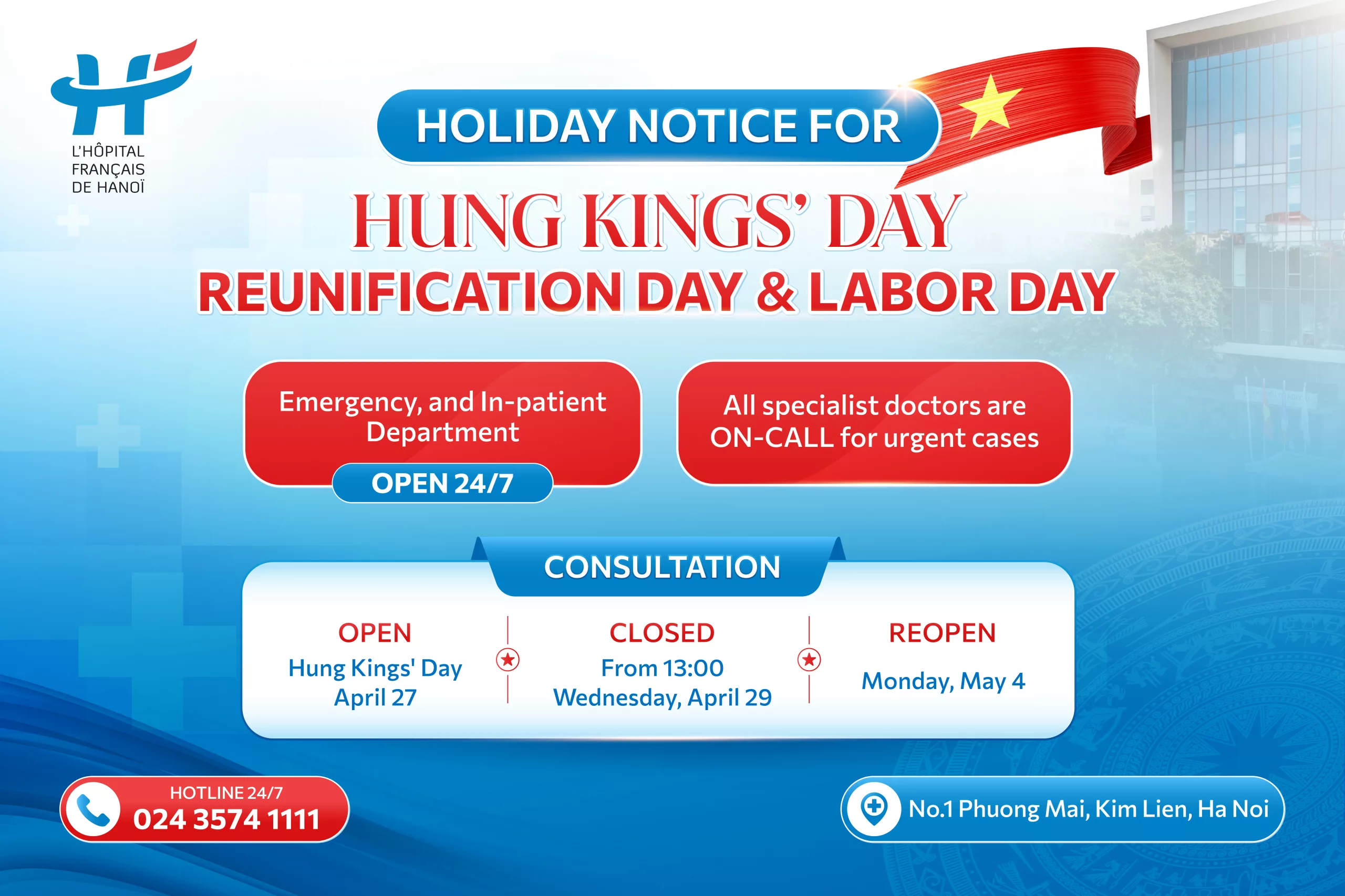 HOLIDAY NOTICE FOR HUNG KINGS’ DAY, REUNIFICATION DAY AND LABOR DAY